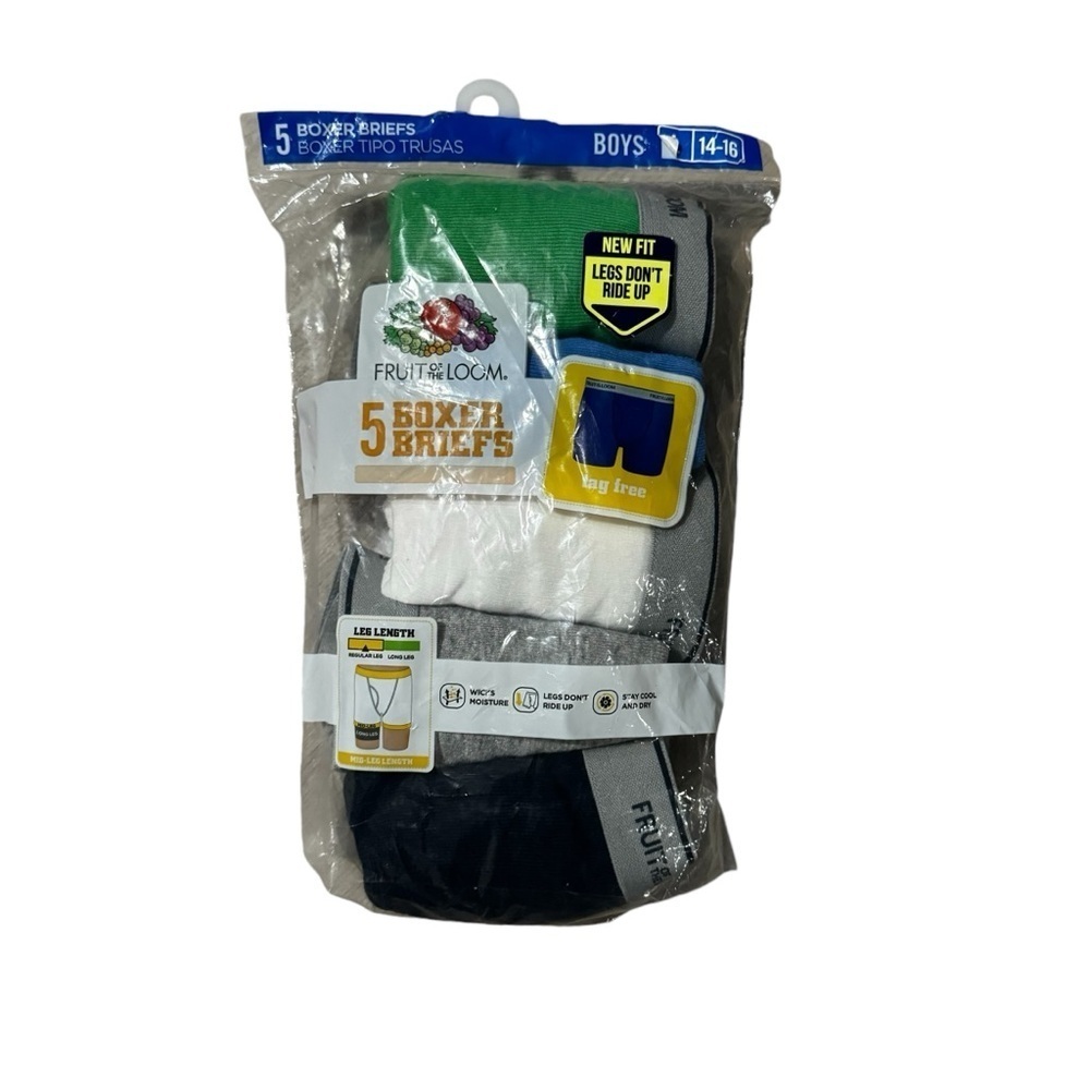 FRUIT OF THE LOOM Boys Boxer Briefs 5 Pack Size L 14-16 Tag Free Regular Leg